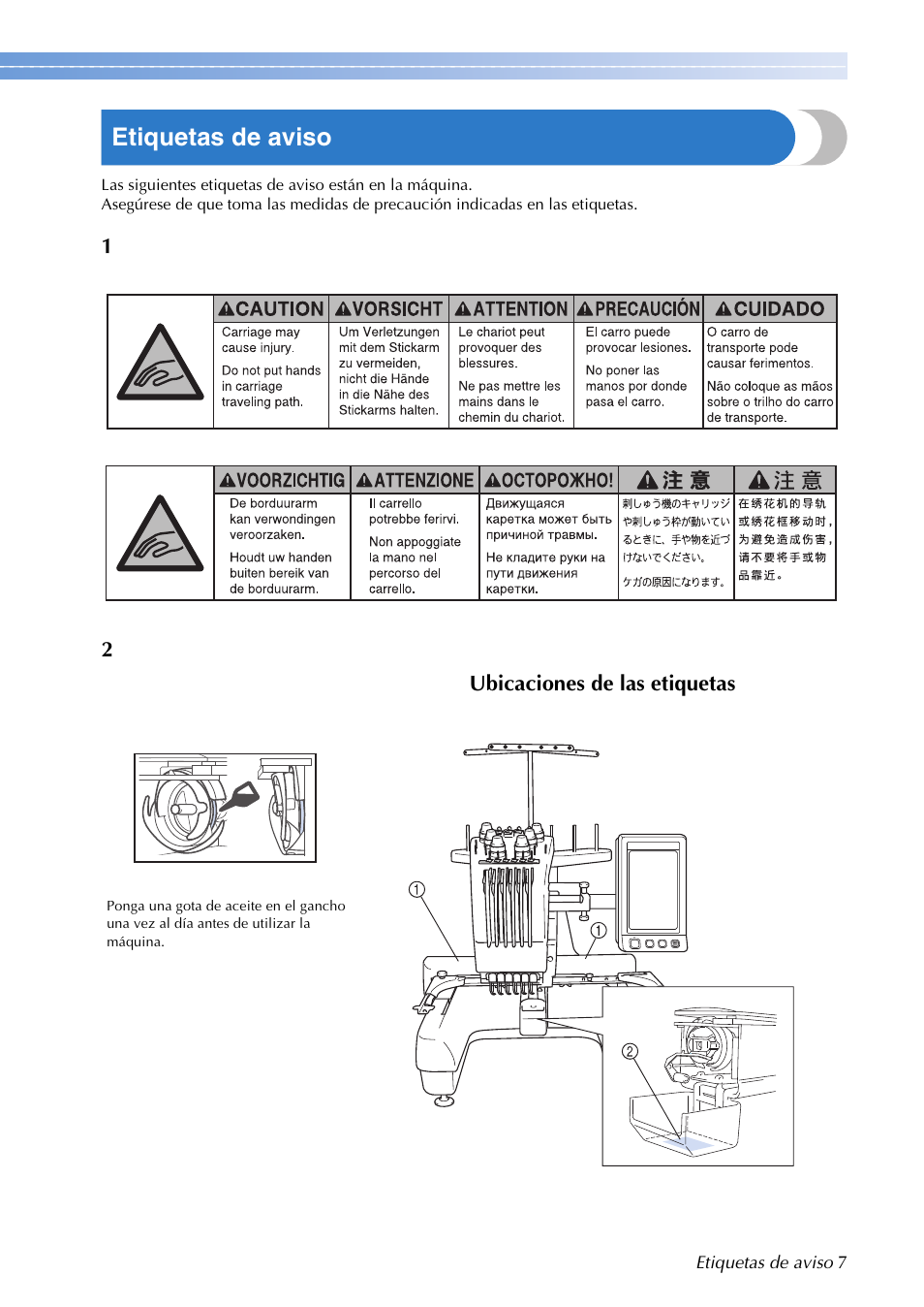 Etiquetas de aviso | Brother PR655 User Manual | Page 9 / 280