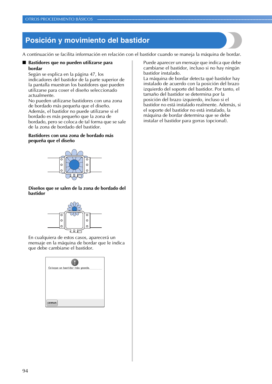 Posición y movimiento del bastidor | Brother PR655 User Manual | Page 96 / 280
