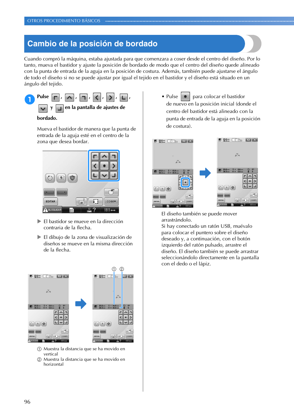 Cambio de la posición de bordado | Brother PR655 User Manual | Page 98 / 280