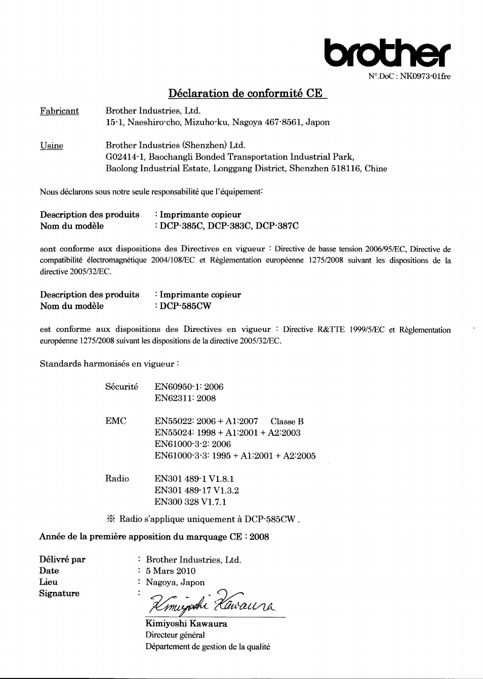 Déclaration de conformité ce, Brother | Brother DCP-385C User Manual | Page 2 / 7