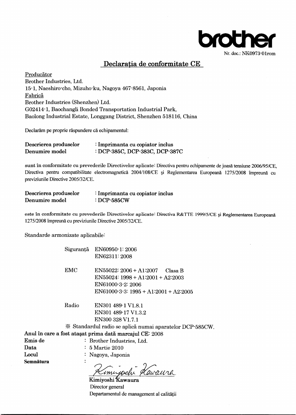 Brother, Declaratia de conformitate ce | Brother DCP-385C User Manual | Page 6 / 7