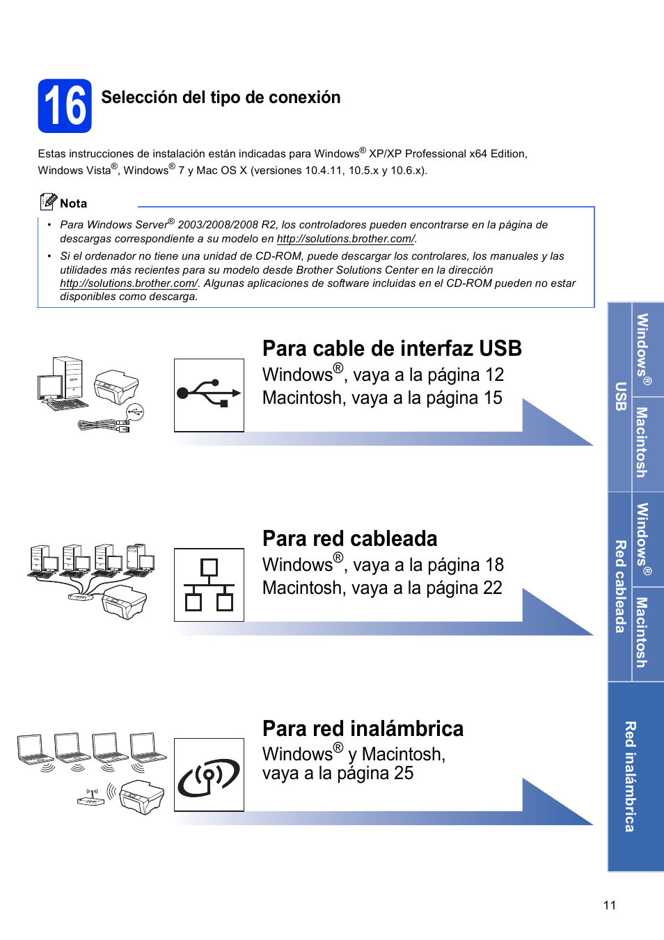 16 selección del tipo de conexión, Para cable de interfaz usb, Para red cableada | Para red inalámbrica, Windows, Vaya a la página 12 macintosh, vaya a la página 15, Vaya a la página 18 macintosh, vaya a la página 22, Y macintosh, vaya a la página 25, Selección del tipo de conexión | Brother MFC J5910DW User Manual | Page 11 / 42