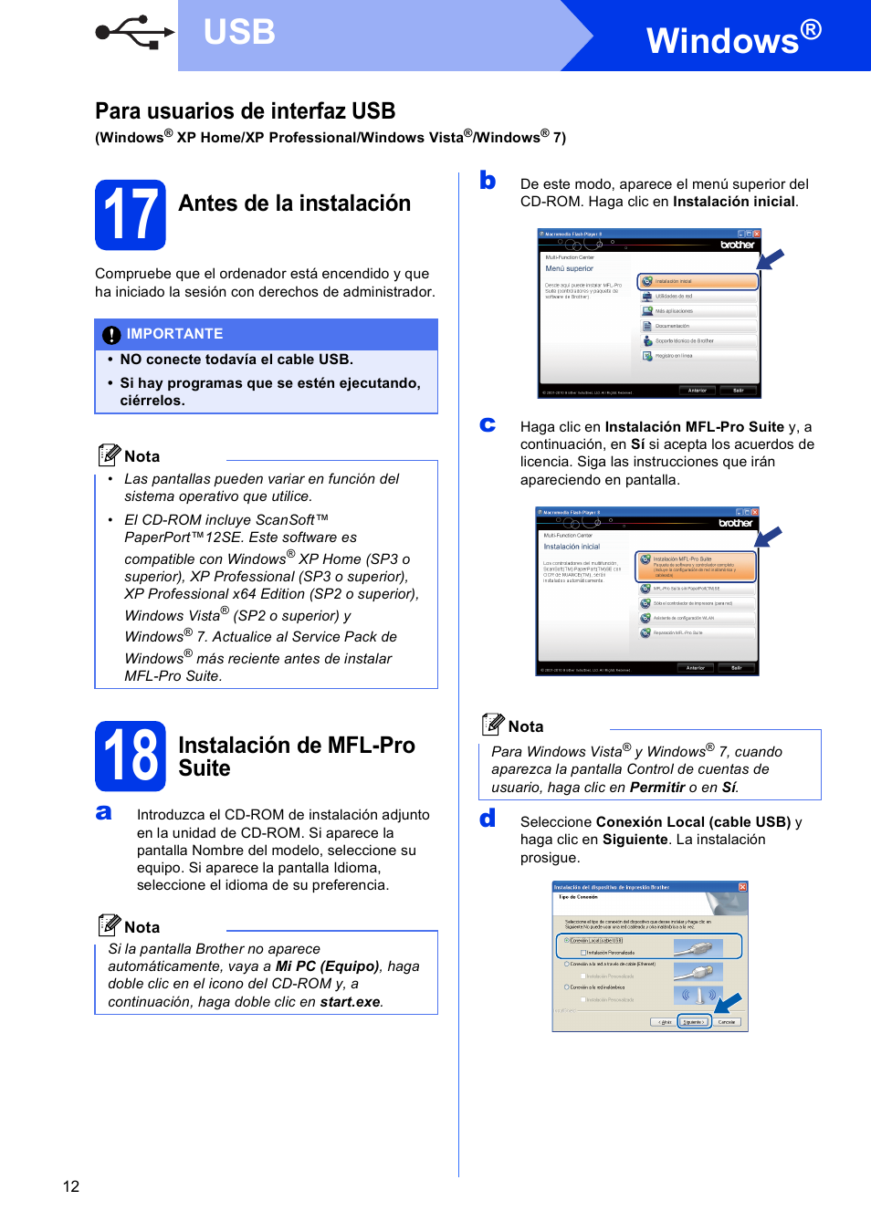17 antes de la instalación, 18 instalación de mfl-pro suite, Windows | Para usuarios de interfaz usb, Antes de la instalación, Instalación de mfl-pro suite | Brother MFC J5910DW User Manual | Page 12 / 42