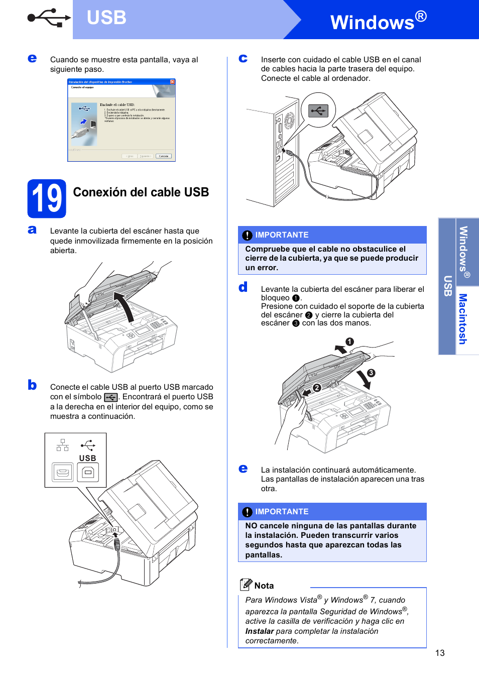 19 conexión del cable usb, Windows, Conexión del cable usb | Brother MFC J5910DW User Manual | Page 13 / 42
