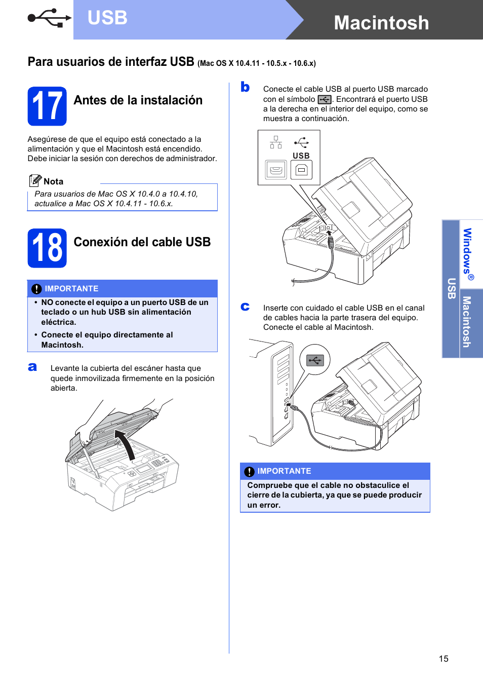 17 antes de la instalación, 18 conexión del cable usb, Macintosh usb | Brother MFC J5910DW User Manual | Page 15 / 42