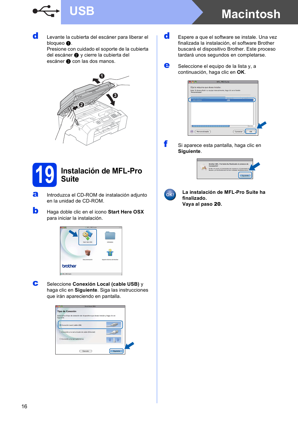 19 instalación de mfl-pro suite, Macintosh usb | Brother MFC J5910DW User Manual | Page 16 / 42