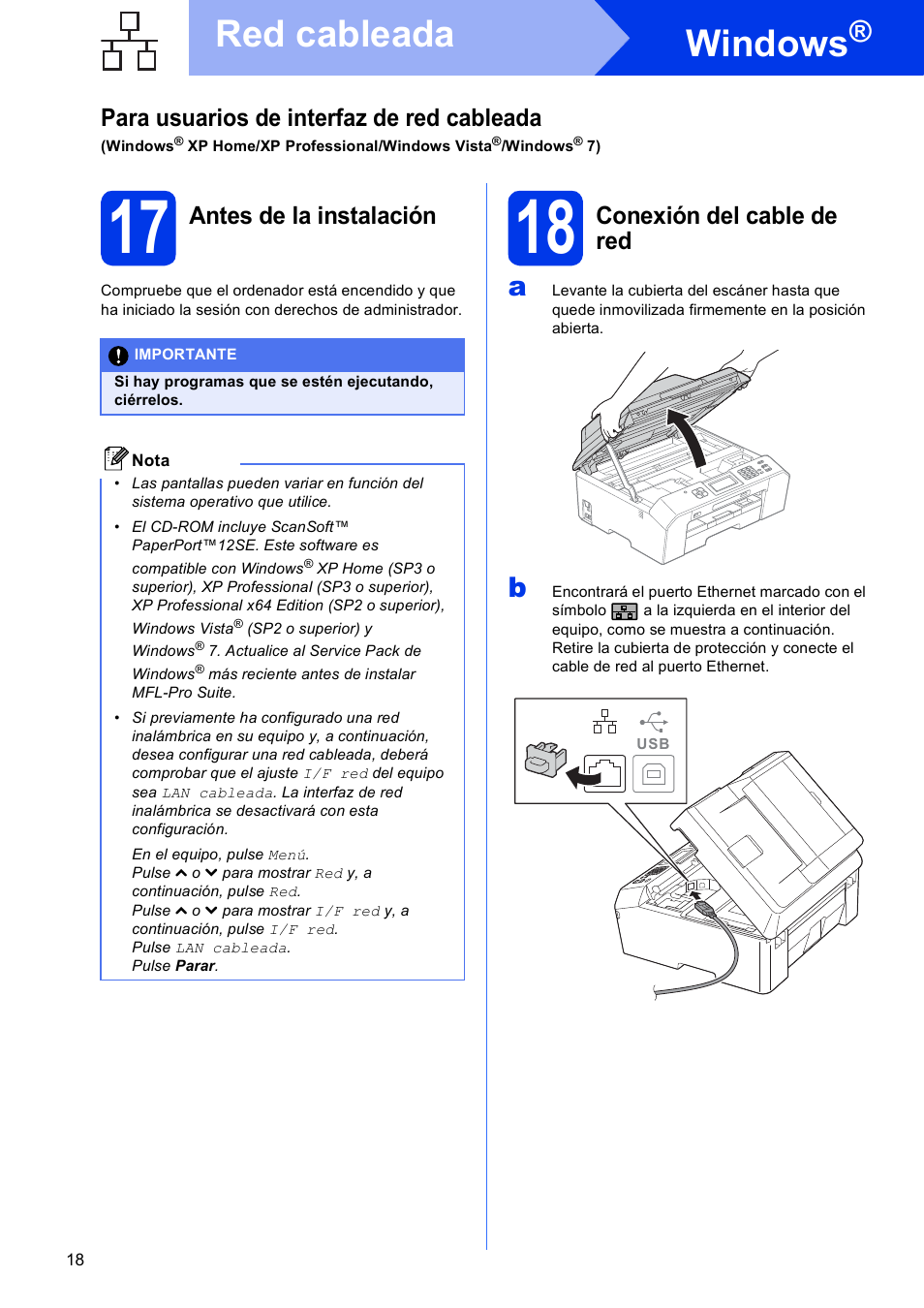 17 antes de la instalación, 18 conexión del cable de red, Windows | Red cableada, Para usuarios de interfaz de red cableada, Antes de la instalación, Conexión del cable de red | Brother MFC J5910DW User Manual | Page 18 / 42