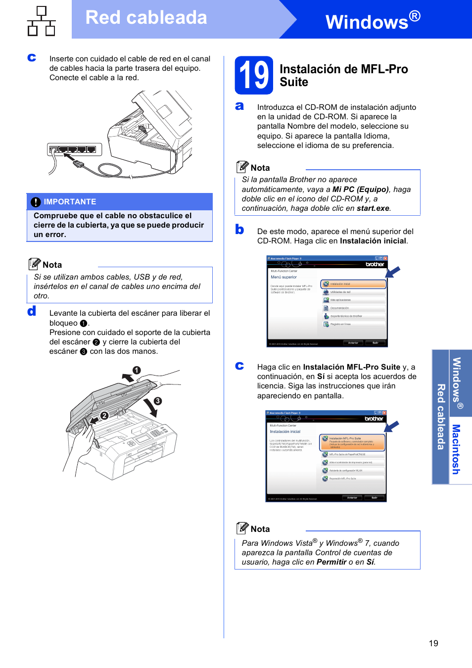 19 instalación de mfl-pro suite, Windows, Red cableada | Instalación de mfl-pro suite | Brother MFC J5910DW User Manual | Page 19 / 42