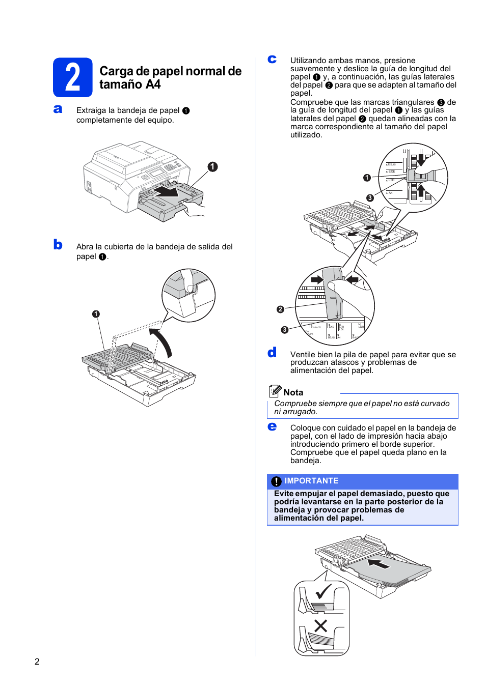2 carga de papel normal de tamaño a4, Carga de papel normal de tamaño a4 | Brother MFC J5910DW User Manual | Page 2 / 42