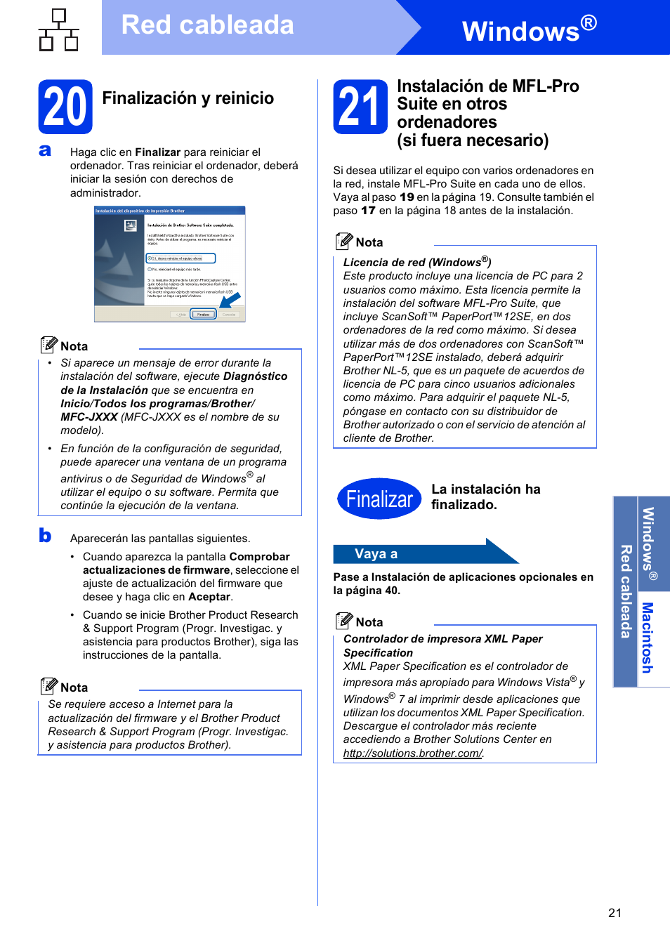 20 finalización y reinicio, Windows, Red cableada | Finalizar, Finalización y reinicio | Brother MFC J5910DW User Manual | Page 21 / 42