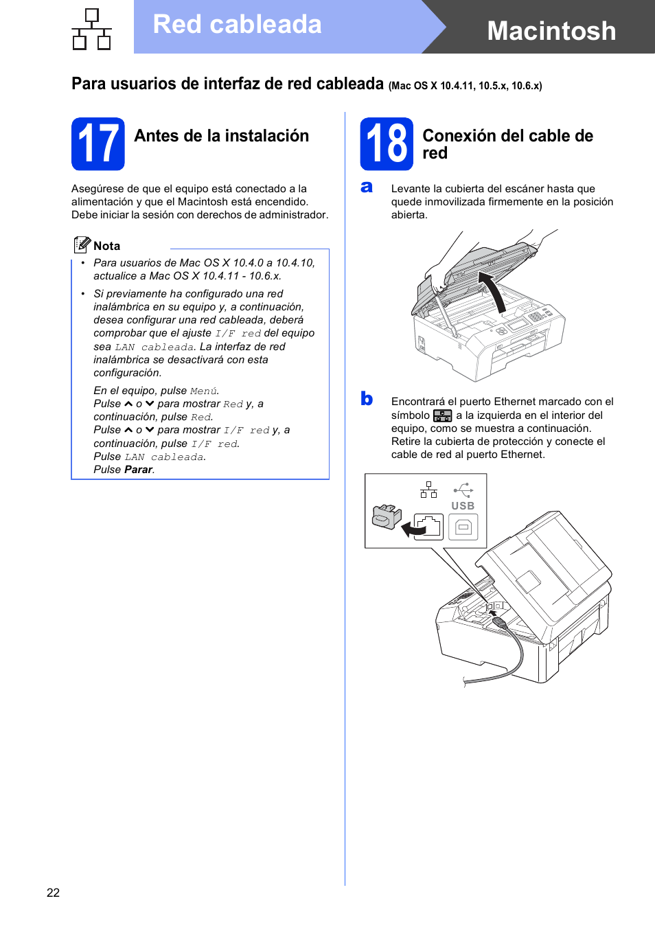17 antes de la instalación, 18 conexión del cable de red, Macintosh red cableada | Brother MFC J5910DW User Manual | Page 22 / 42