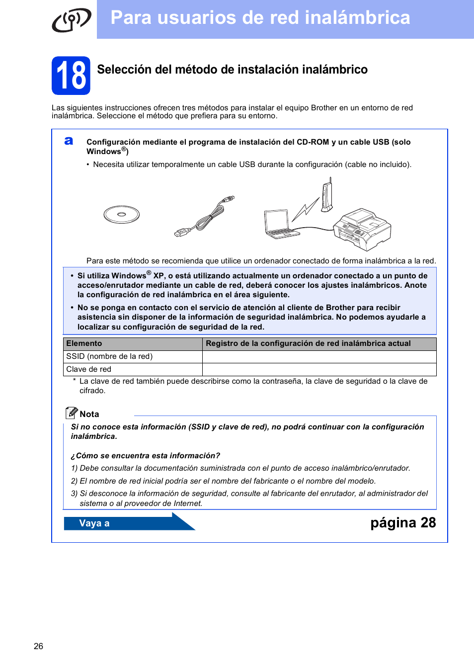 18 selección del método de instalación inalámbrico, Para usuarios de red inalámbrica, Página 28 | Selección del método de instalación inalámbrico | Brother MFC J5910DW User Manual | Page 26 / 42
