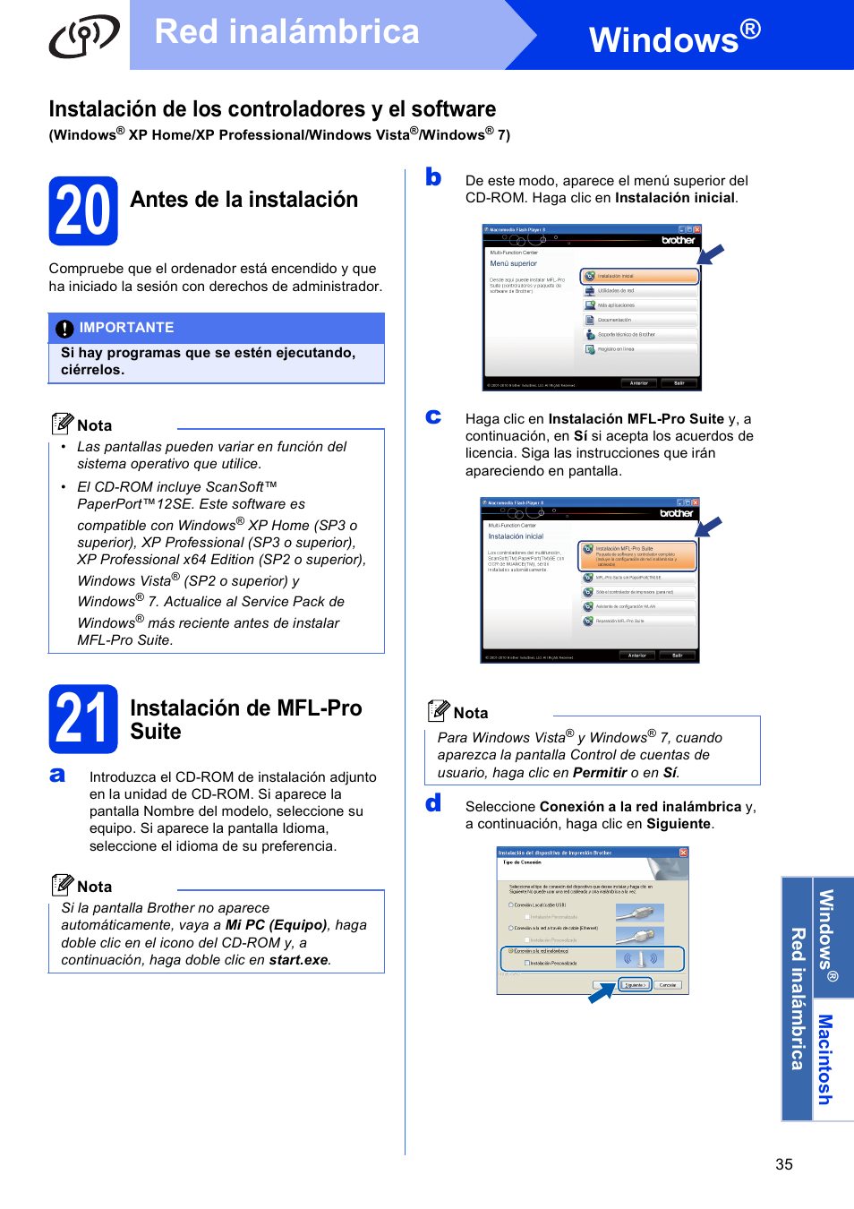 20 antes de la instalación, 21 instalación de mfl-pro suite, Windows | Red inalámbrica, Instalación de los controladores y el software, Antes de la instalación, Instalación de mfl-pro suite | Brother MFC J5910DW User Manual | Page 35 / 42