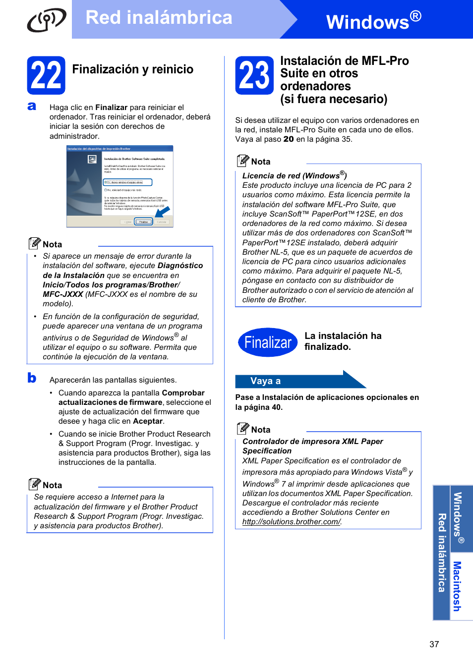 22 finalización y reinicio, Windows, Red inalámbrica | Finalizar, Finalización y reinicio | Brother MFC J5910DW User Manual | Page 37 / 42