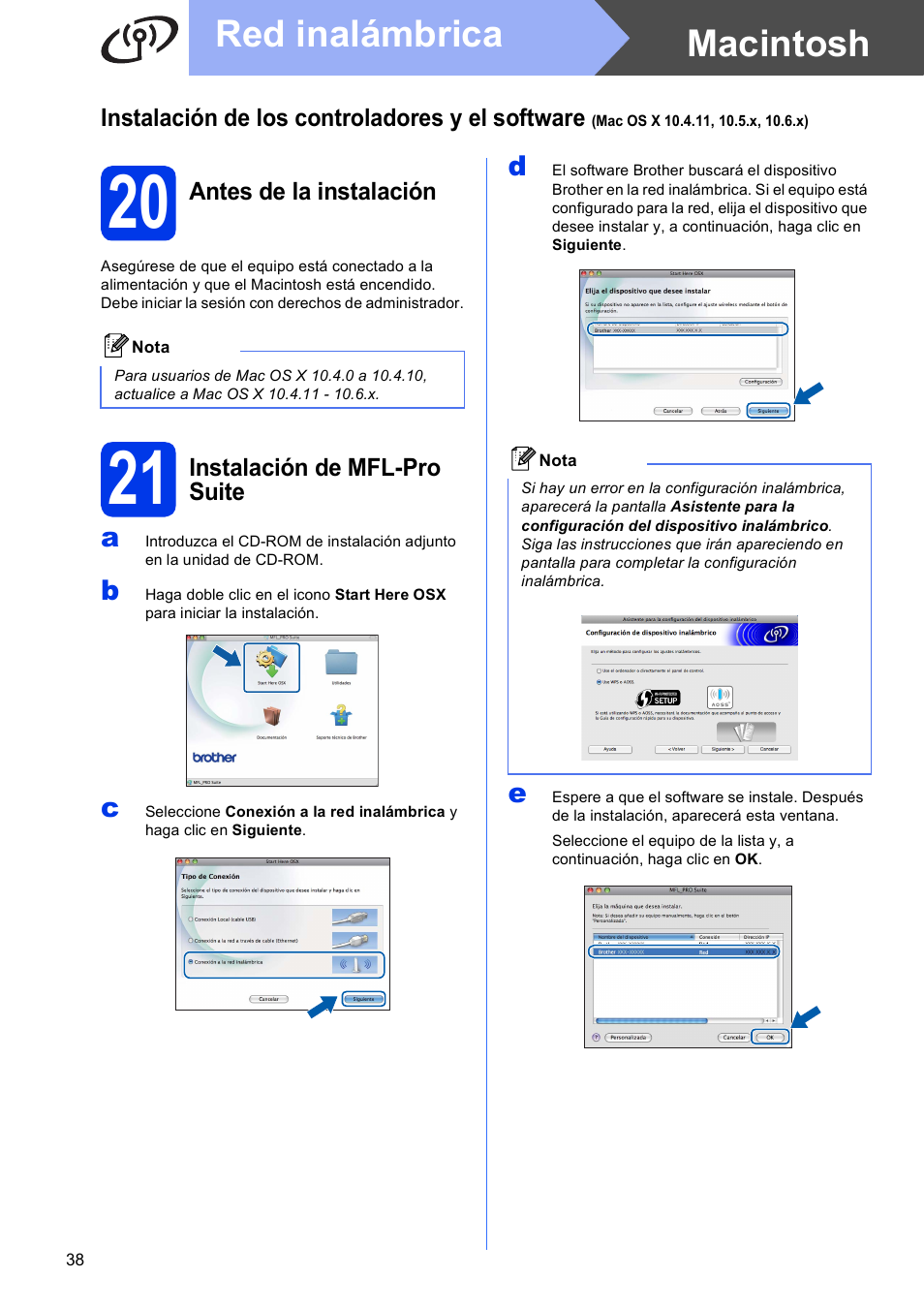 20 antes de la instalación, 21 instalación de mfl-pro suite, Macintosh red inalámbrica | Brother MFC J5910DW User Manual | Page 38 / 42