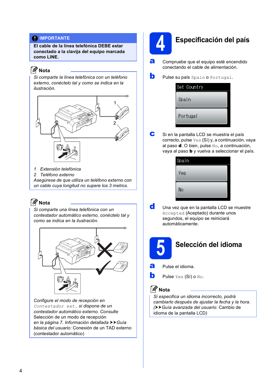 4 especificación del país, 5 selección del idioma | Brother MFC J5910DW User Manual | Page 4 / 42