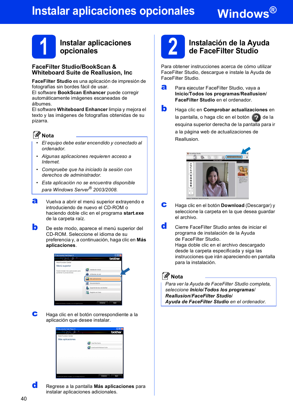 Instalar aplicaciones opcionales windows, 1 instalar aplicaciones opcionales, 2 instalación de la ayuda de facefilter studio | Windows, Instalar aplicaciones opcionales | Brother MFC J5910DW User Manual | Page 40 / 42