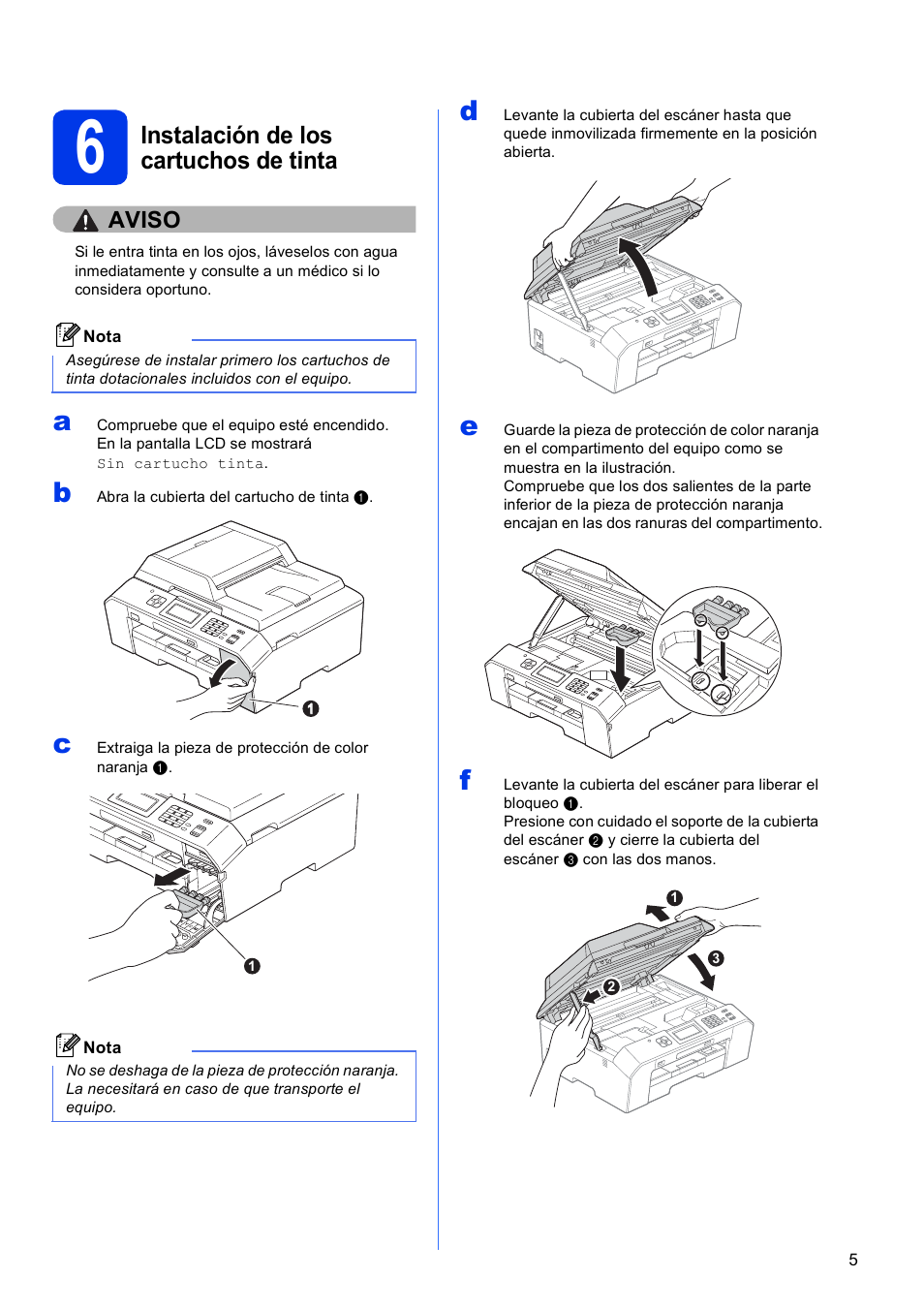 6 instalación de los cartuchos de tinta, Instalación de los cartuchos de tinta | Brother MFC J5910DW User Manual | Page 5 / 42