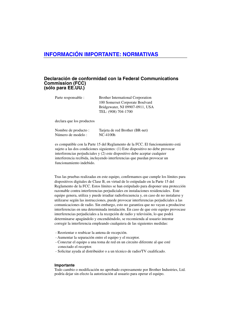 Información importante: normativas | Brother HL-1470N User Manual | Page 11 / 132