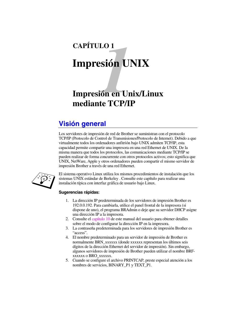 Visión general, Impresión unix, Impresión en unix/linux mediante tcp/ip | Brother HL-1470N User Manual | Page 13 / 132
