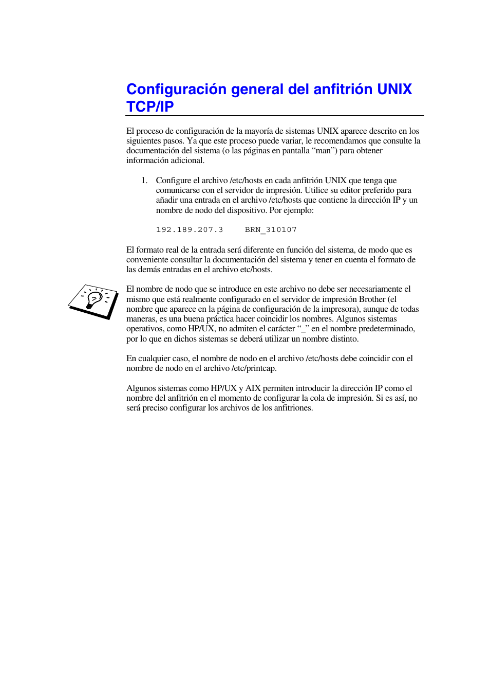 Configuración general del anfitrión unix tcp/ip | Brother HL-1470N User Manual | Page 15 / 132