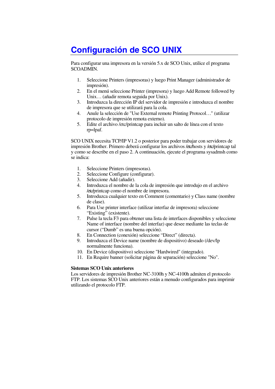 Configuración de sco unix, Configuración de sco/unix, Los usuarios | Brother HL-1470N User Manual | Page 22 / 132