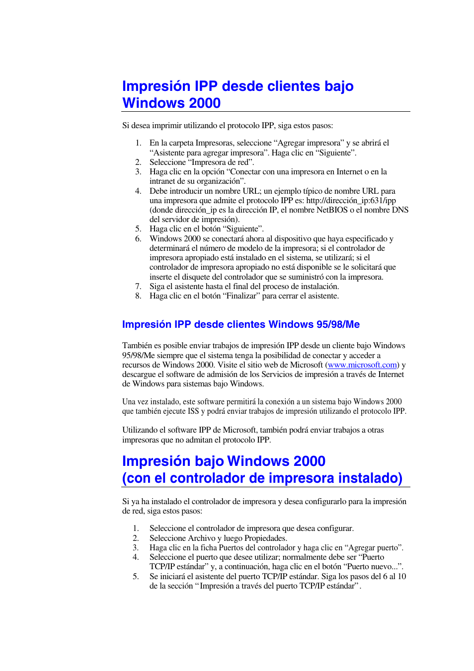 Impresión ipp desde clientes bajo windows 2000, Impresión ipp desde clientes windows 95/98/me | Brother HL-1470N User Manual | Page 29 / 132