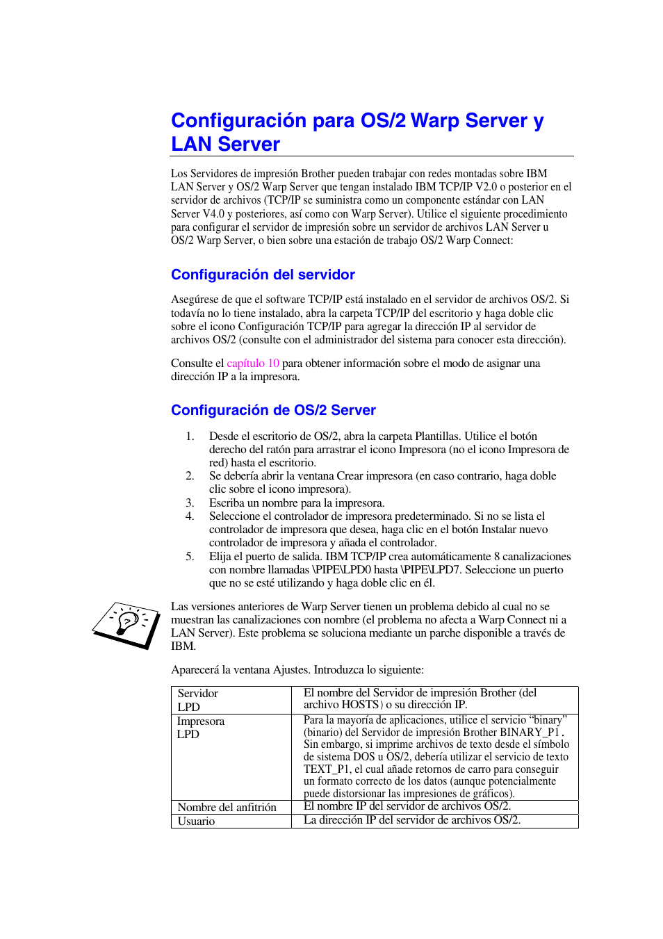 Configuración para os/2 warp server y lan server, Configuración del servidor, Configuración de os/2 server | Brother HL-1470N User Manual | Page 34 / 132