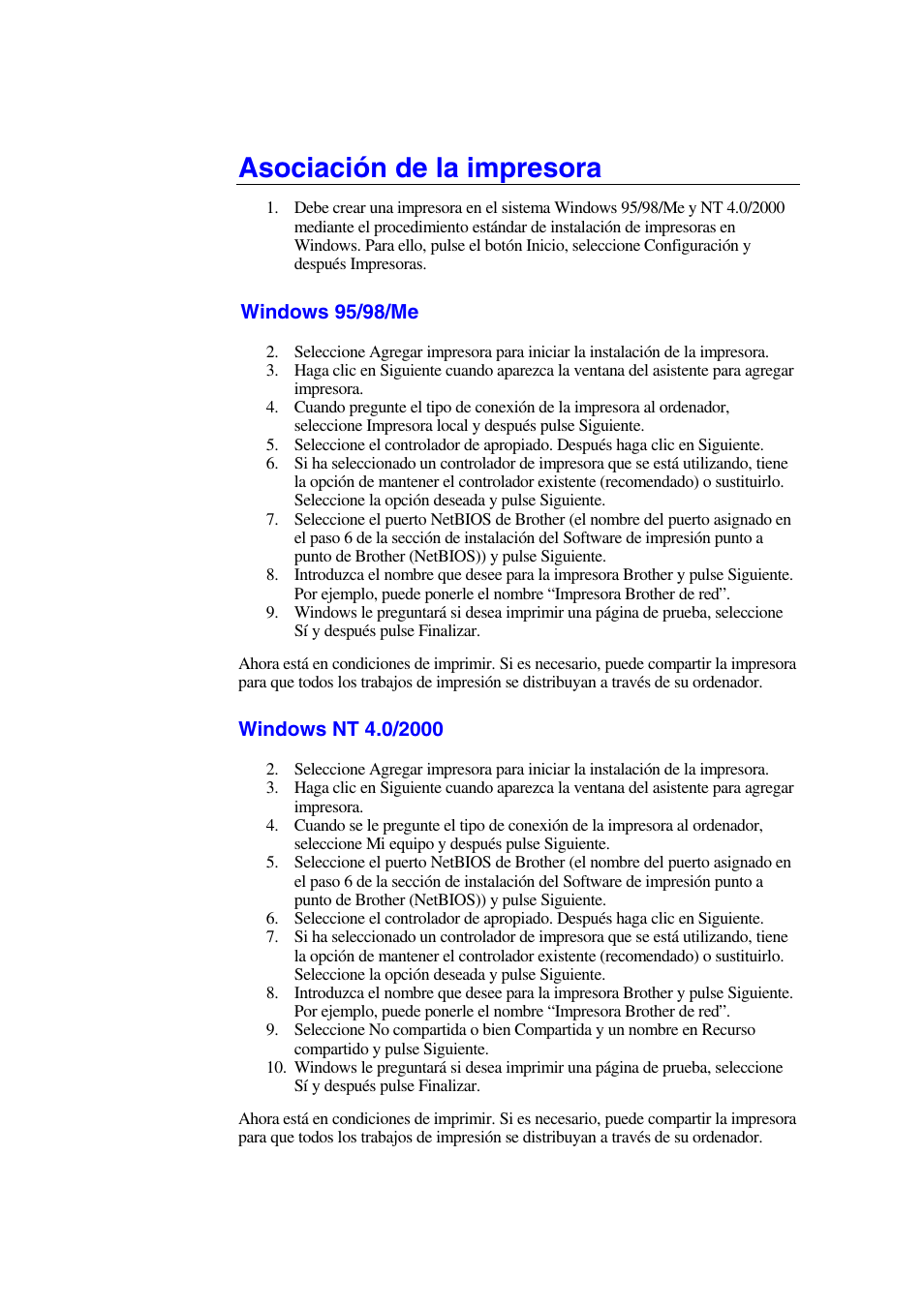 Asociación de la impresora, Windows 95/98/me, Windows nt 4.0/2000 | Brother HL-1470N User Manual | Page 47 / 132