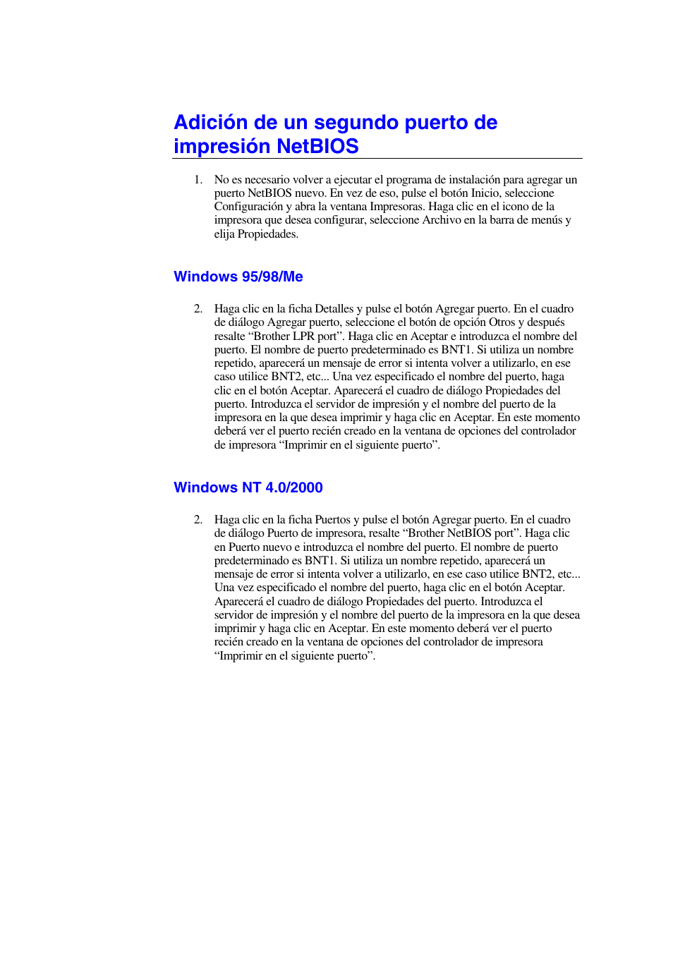 Adición de un segundo puerto de impresión netbios, Windows 95/98/me, Windows nt 4.0/2000 | Brother HL-1470N User Manual | Page 48 / 132