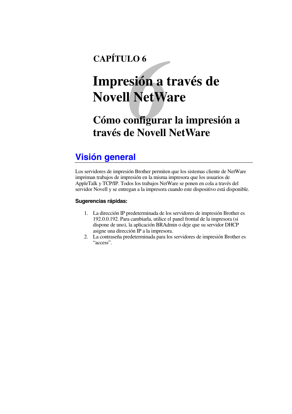 Visión general, Impresión a través de novell netware | Brother HL-1470N User Manual | Page 63 / 132