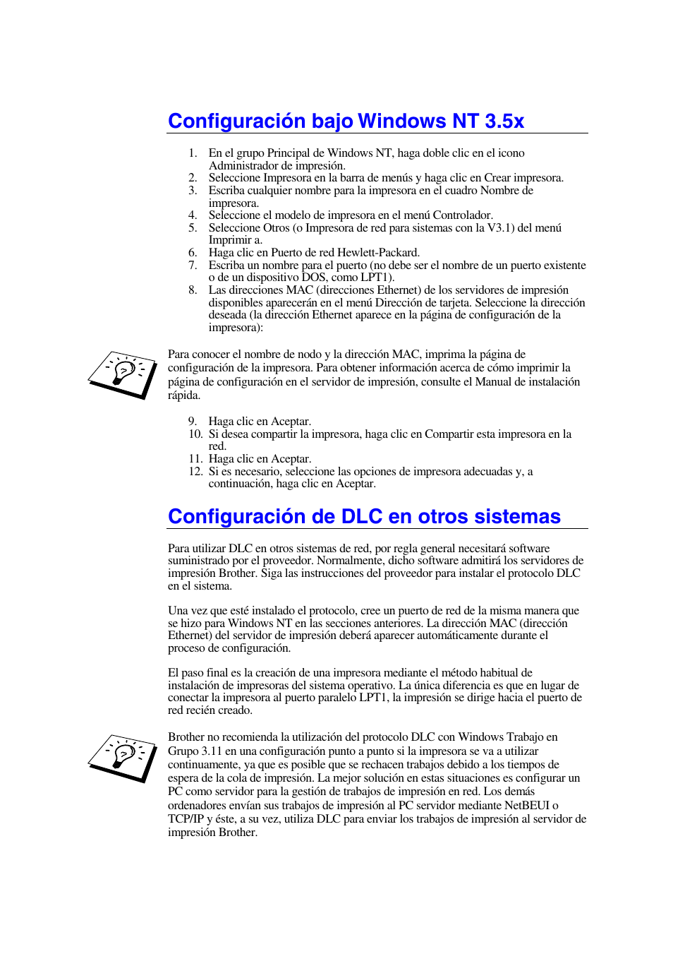 Configuración bajo windows nt 3.5x, Configuración de dlc en otros sistemas | Brother HL-1470N User Manual | Page 92 / 132