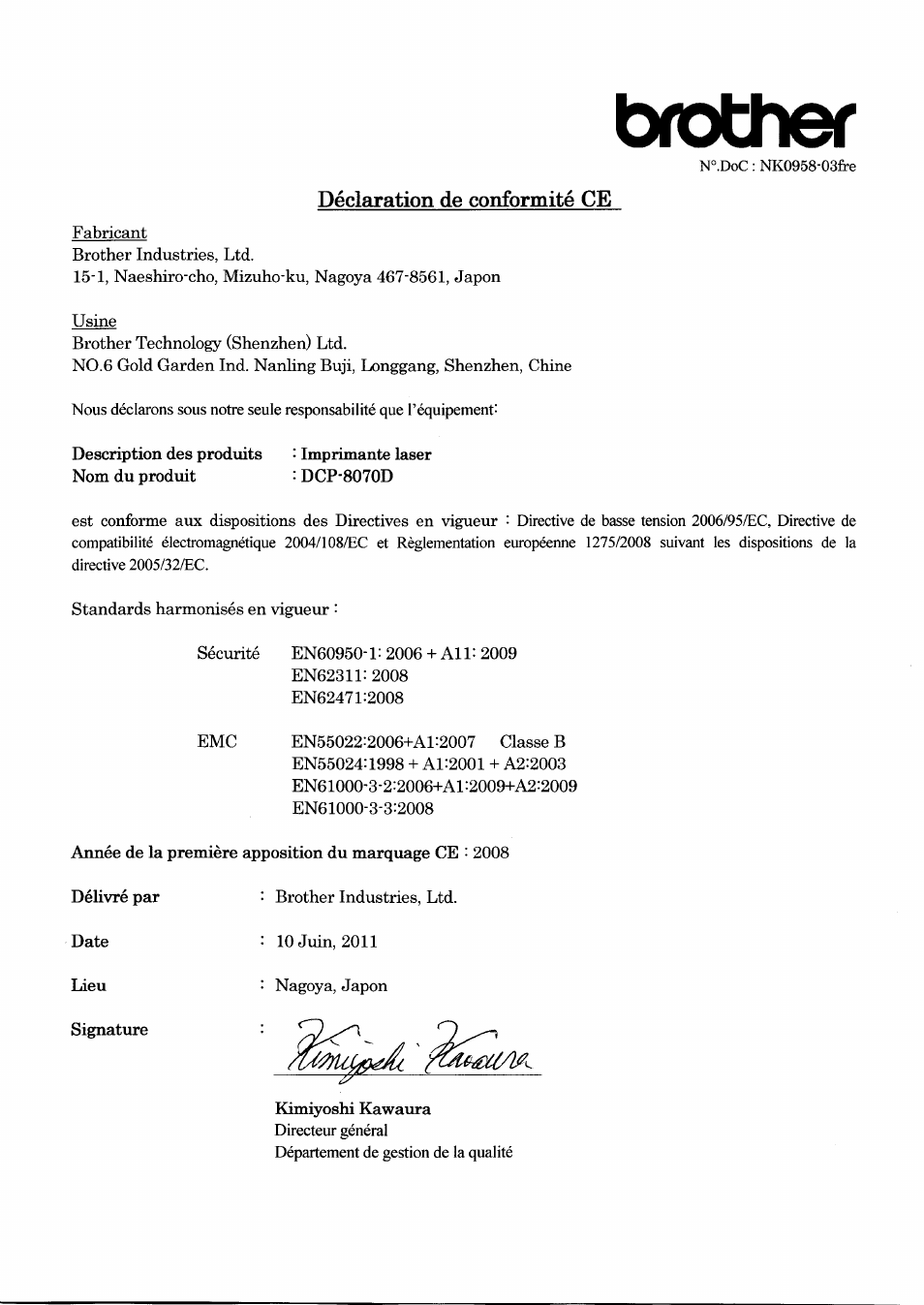 Déclaration de conformité ce, Brother | Brother DCP-8070D User Manual | Page 2 / 7