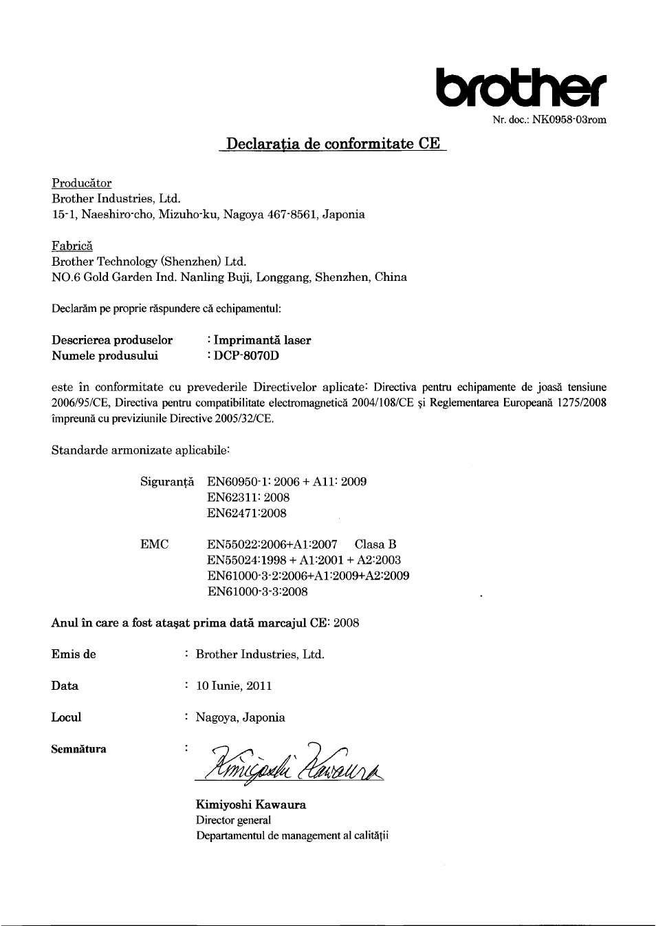 Declaratia de conformitate ce, Brother | Brother DCP-8070D User Manual | Page 6 / 7