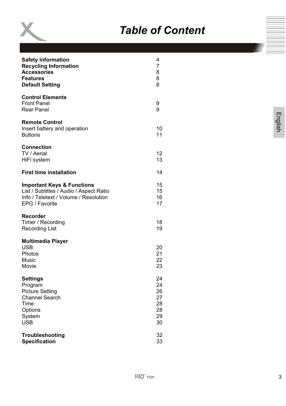 Table of content | Xoro HRT 7520 User Manual | Page 43 / 152