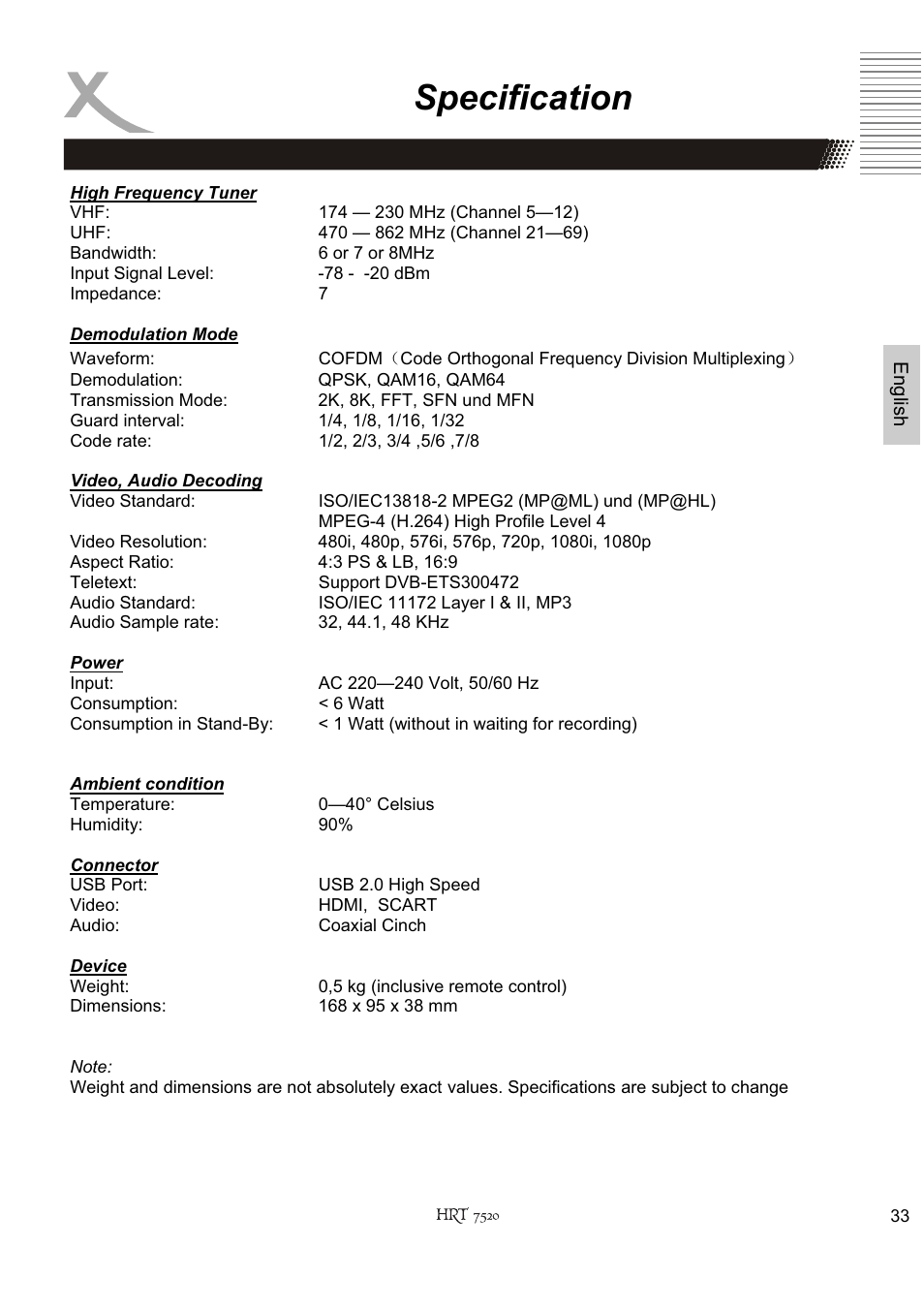 Specification | Xoro HRT 7520 User Manual | Page 73 / 152