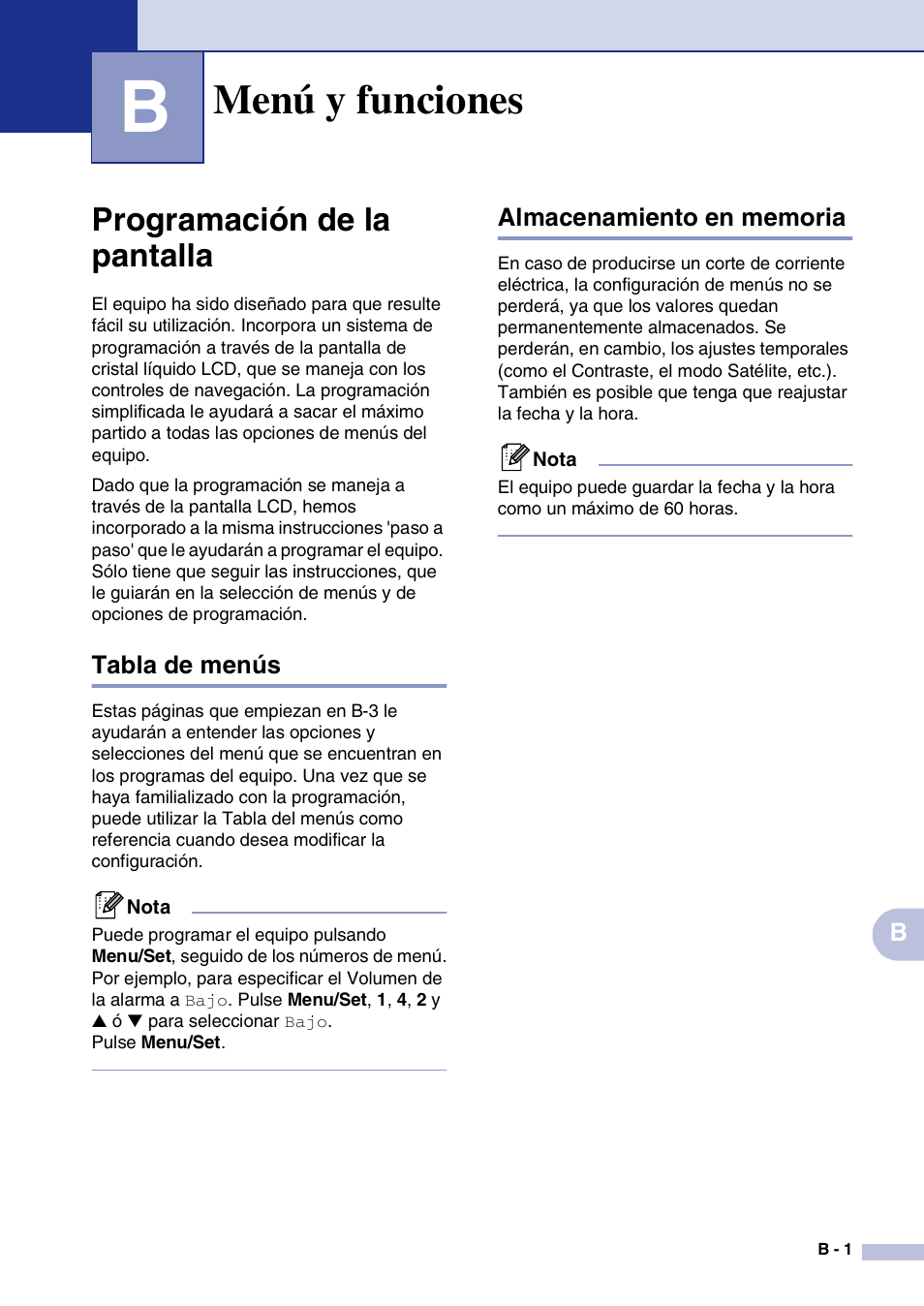 B menú y funciones, Programación de la pantalla, Tabla de menús | Almacenamiento en memoria, Menú y funciones, B. menú y funciones | Brother MFC-9420CN User Manual | Page 101 / 184