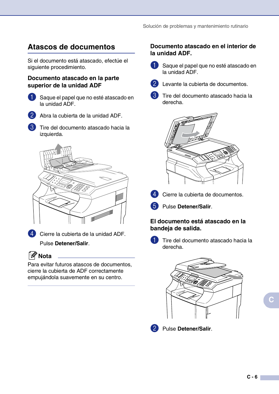 Atascos de documentos, Documento atascado en el interior de la unidad adf, El documento está atascado en la bandeja de salida | Brother MFC-9420CN User Manual | Page 121 / 184