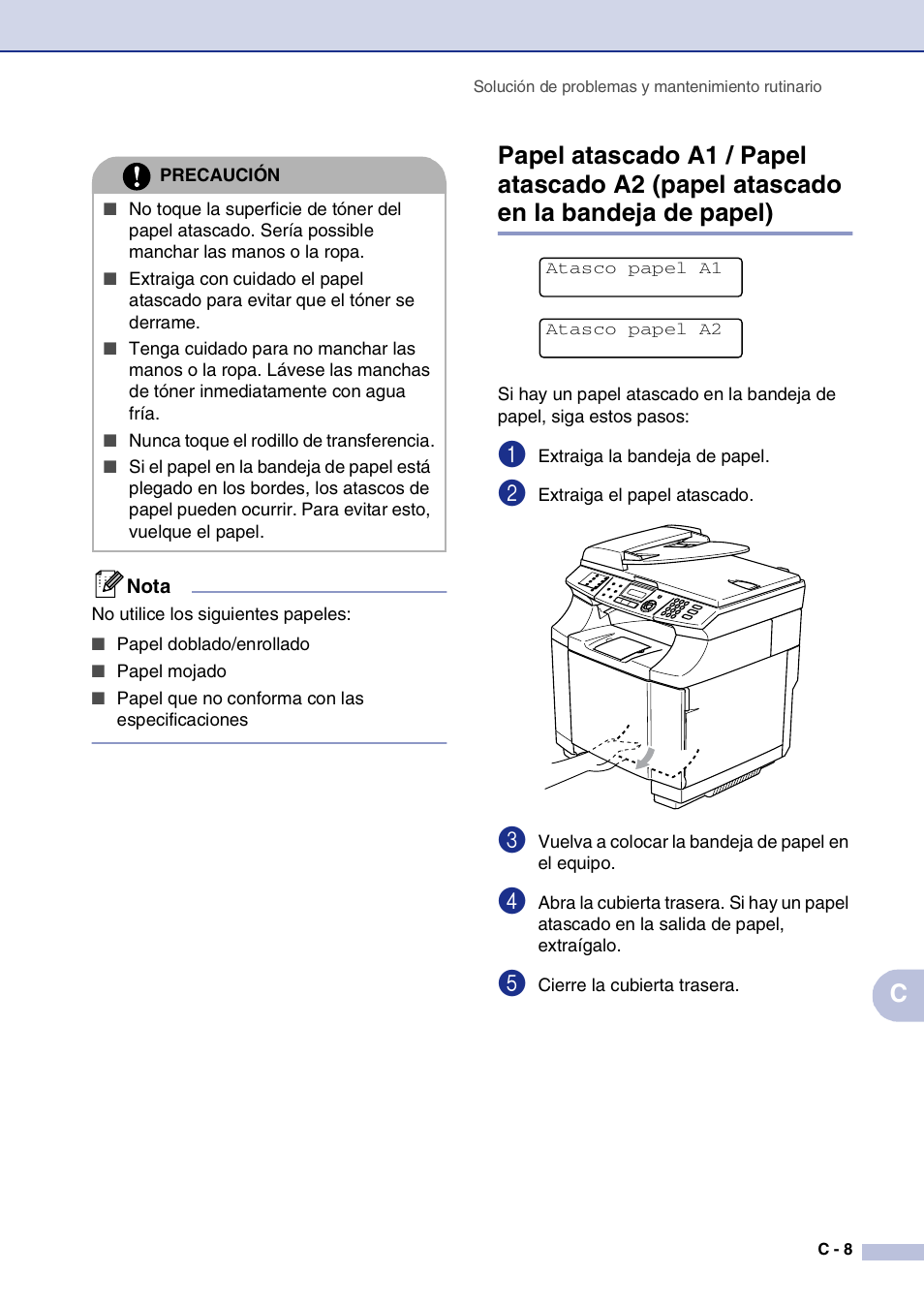 Papel atascado a1 / papel atascado a2 | Brother MFC-9420CN User Manual | Page 123 / 184