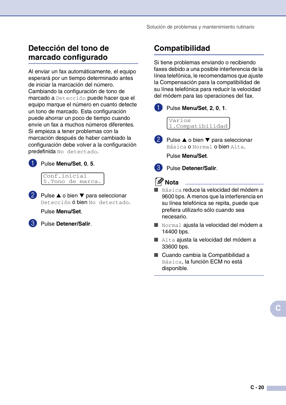 Detección del tono de marcado configurado, Compatibilidad, C-20 | Cdetección del tono de marcado configurado | Brother MFC-9420CN User Manual | Page 135 / 184