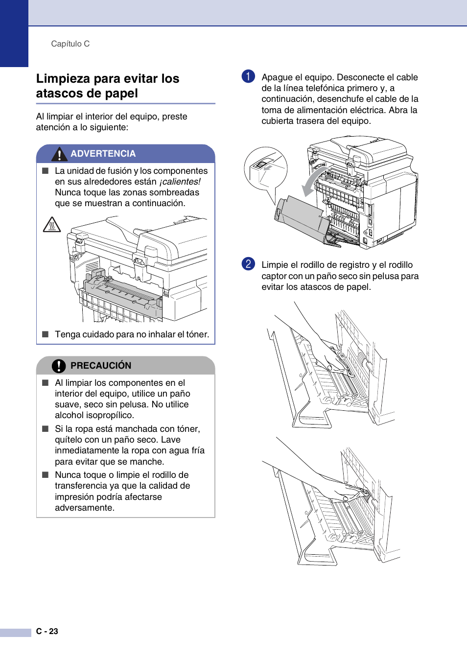 Limpieza para evitar los atascos de papel | Brother MFC-9420CN User Manual | Page 138 / 184