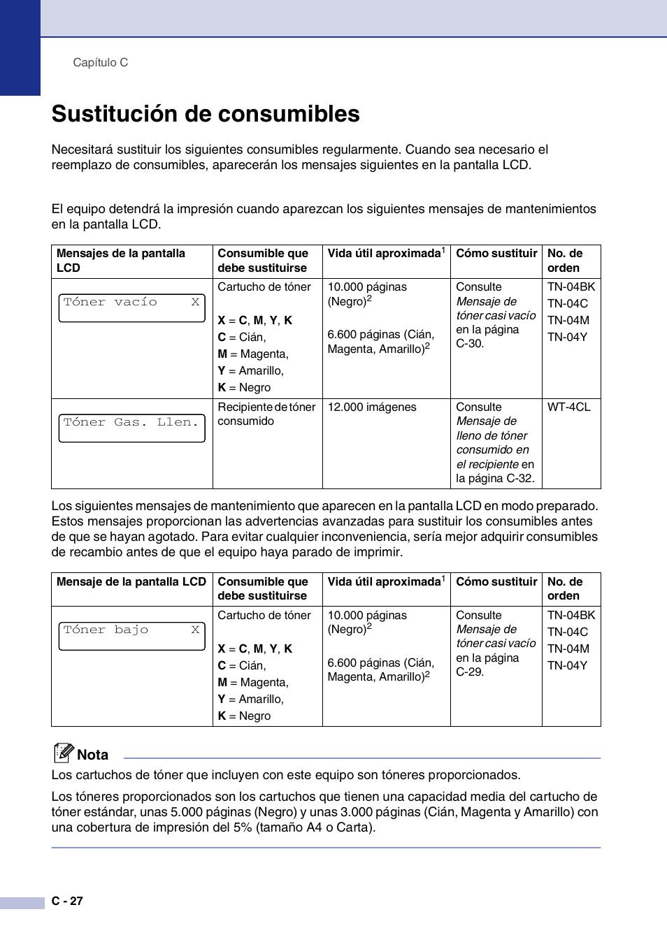 Sustitución de consumibles, Nota | Brother MFC-9420CN User Manual | Page 142 / 184