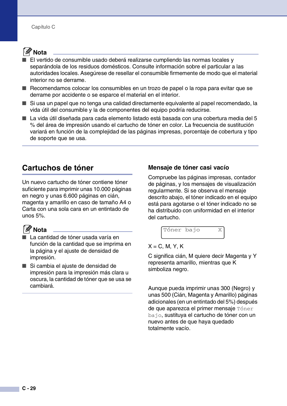 Cartuchos de tóner, Mensaje de tóner casi vacío | Brother MFC-9420CN User Manual | Page 144 / 184