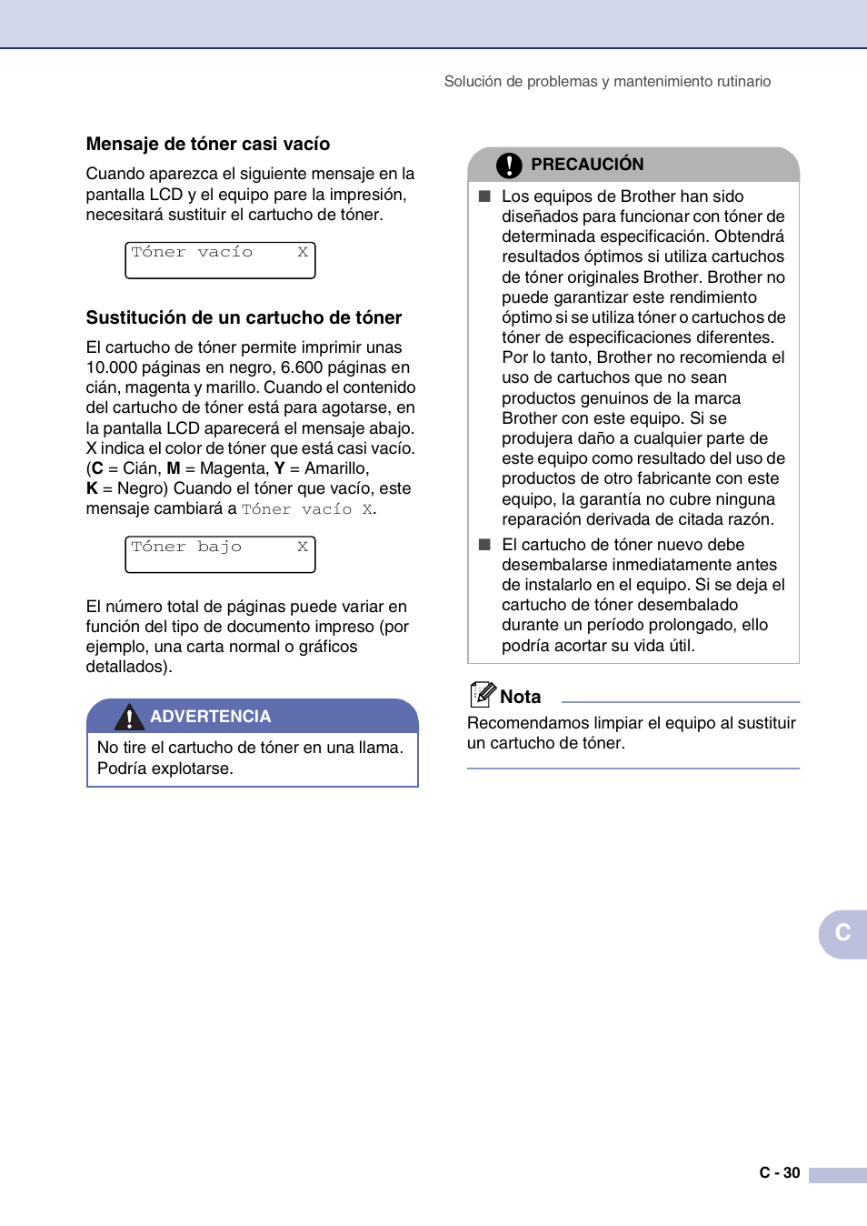 Mensaje de tóner casi vacío, Sustitución de un cartucho de tóner | Brother MFC-9420CN User Manual | Page 145 / 184