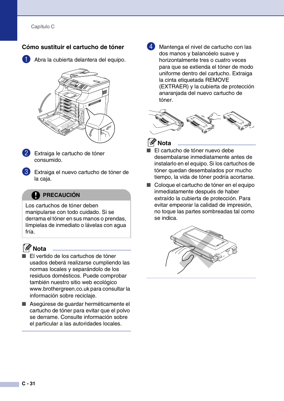 Cómo sustituir el cartucho de tóner | Brother MFC-9420CN User Manual | Page 146 / 184