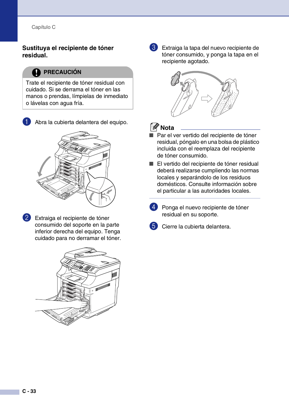 Sustituya el recipiente de tóner residual | Brother MFC-9420CN User Manual | Page 148 / 184