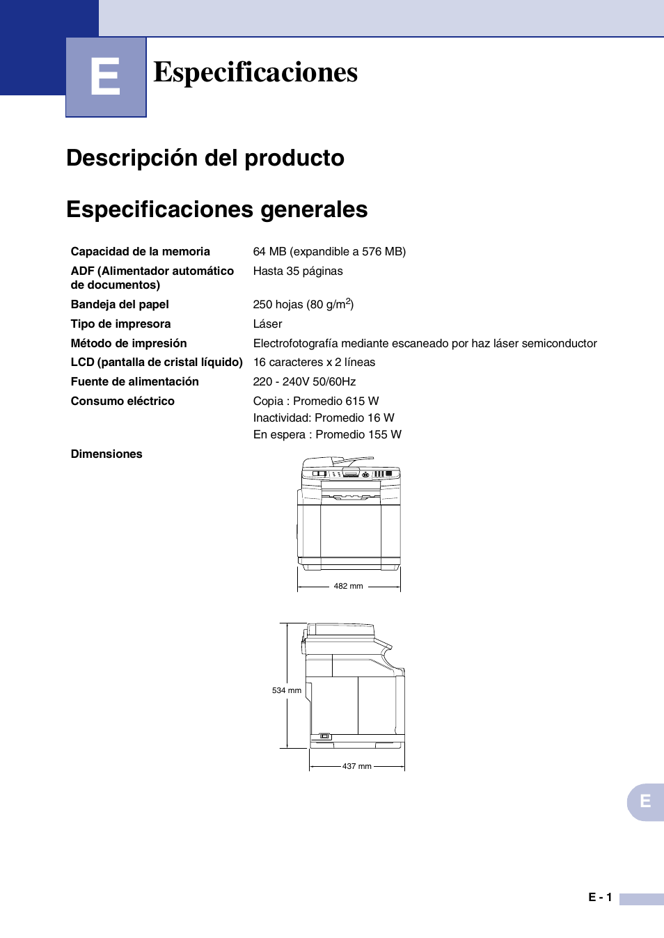 E especificaciones, Descripción del producto, Especificaciones generales | Especificaciones, E. especificaciones | Brother MFC-9420CN User Manual | Page 165 / 184