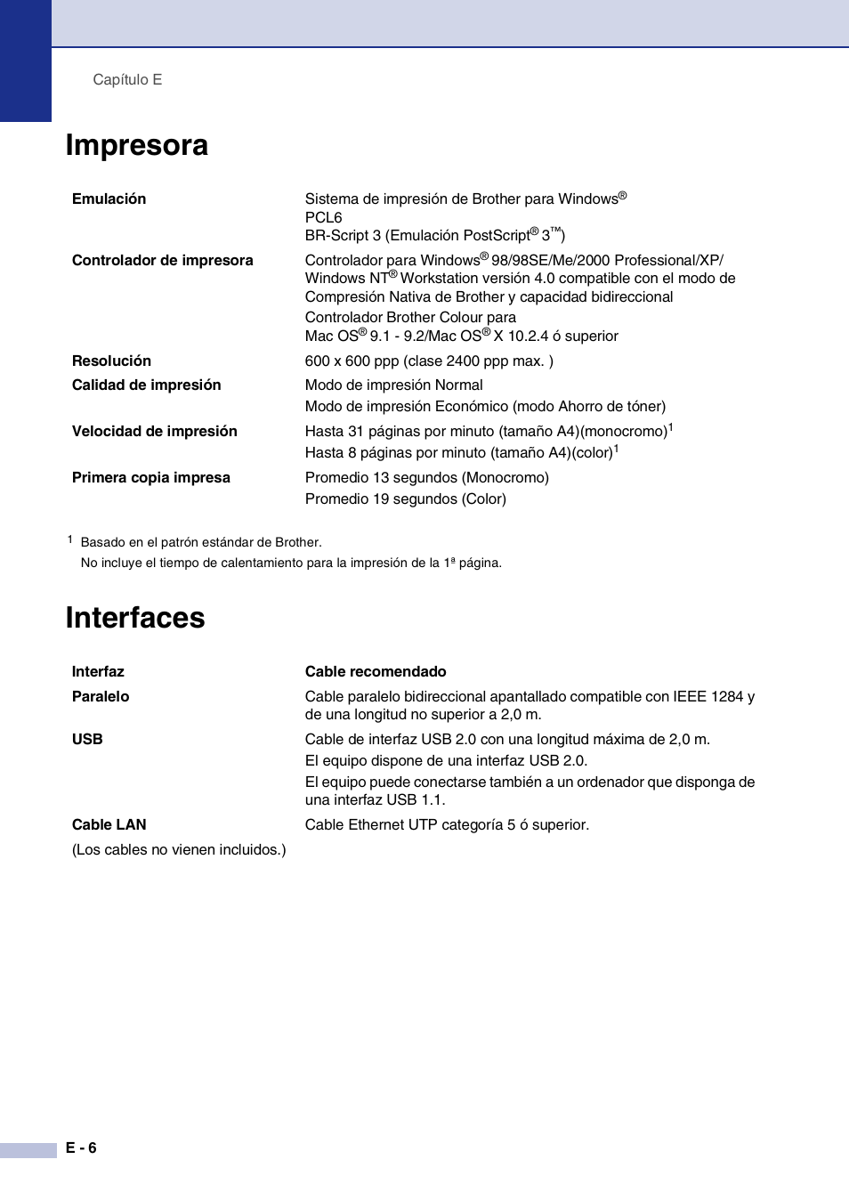 Impresora, Interfaces, Impresora interfaces | Brother MFC-9420CN User Manual | Page 170 / 184