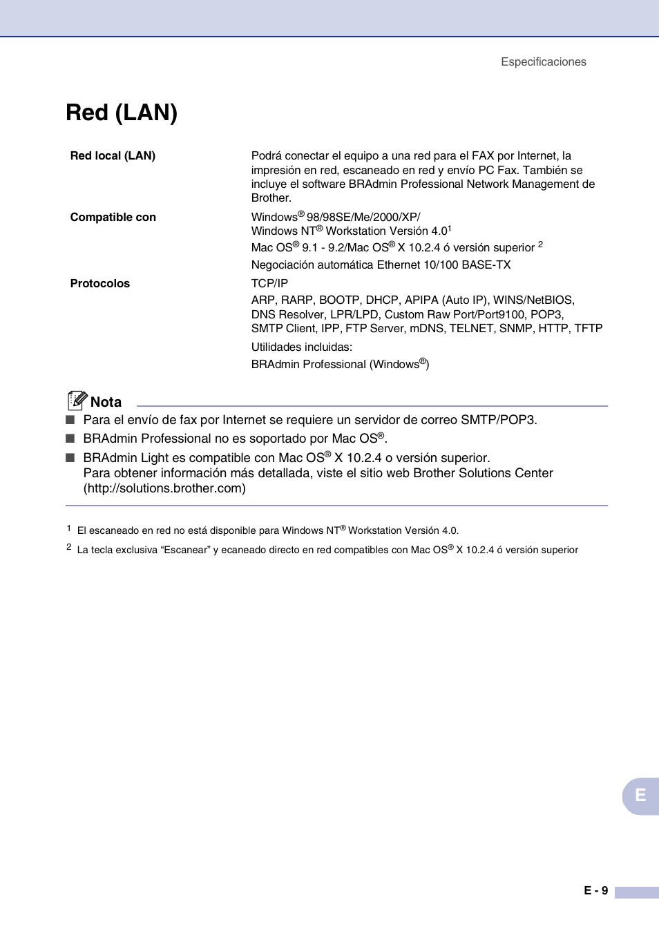 Red (lan), Nota | Brother MFC-9420CN User Manual | Page 173 / 184