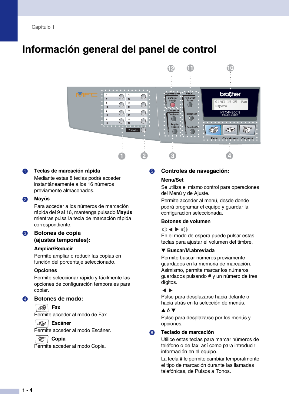 Información general del panel de control, Información general del panel de control -4 | Brother MFC-9420CN User Manual | Page 18 / 184